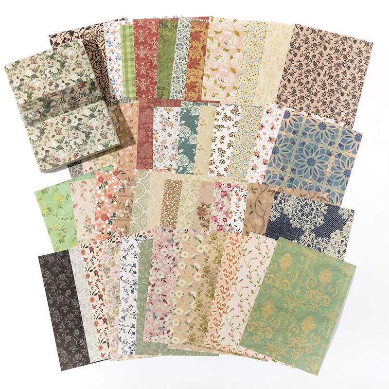 A collection of vintage scrapbook paper sheets featuring floral, botanical, and patterned designs in muted earth tones.