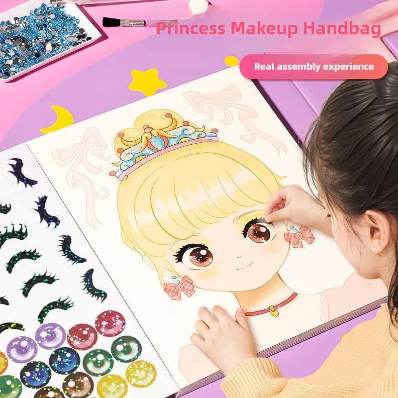 A girl is assembling a Princess makeup handbag set featuring a detailed illustration of a princess face and accessories.
