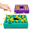 A purple shape matching puzzle game with yellow pieces is shown next to a hand.