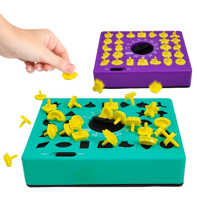 A purple shape matching puzzle game with yellow pieces is shown next to a hand.