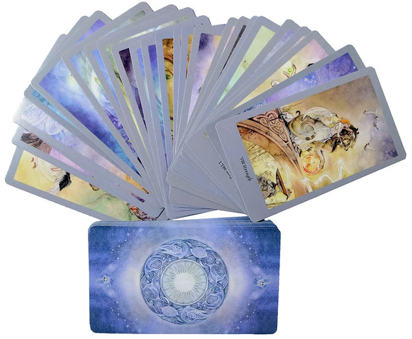 A deck of tarot cards featuring celestial imagery and mystical scenes, displayed next to a blue cosmic design.