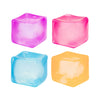 Four translucent cubes in pink, pink, blue, and yellow colors shown from above.