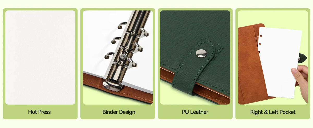 A set of watercolor sketchbooks featuring hot press binding, binder design, PU leather cover, and right and left pockets.