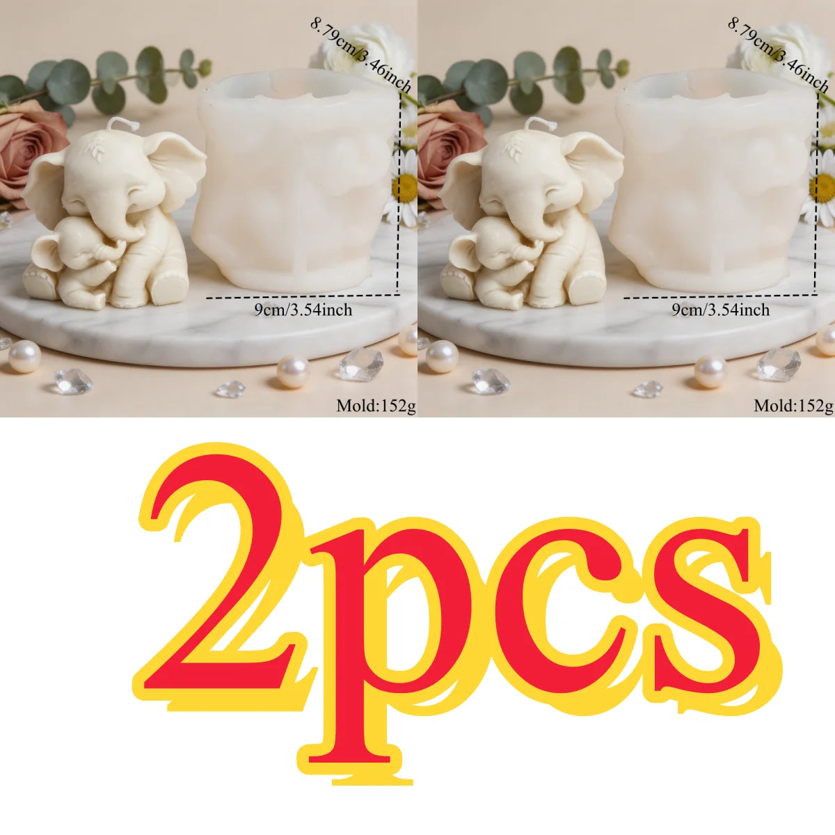 Two white elephant silicone molds used for making candles, soap, and resin crafts.
