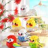 A set of colorful parrot micro building blocks featuring white, yellow, and red birds in various poses.