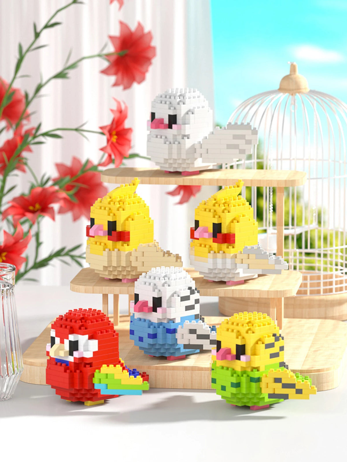 A set of colorful parrot micro building blocks featuring white, yellow, and red birds in various poses.