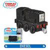 A black Thomas & Friends diesel train toy with a face, packaged for children.