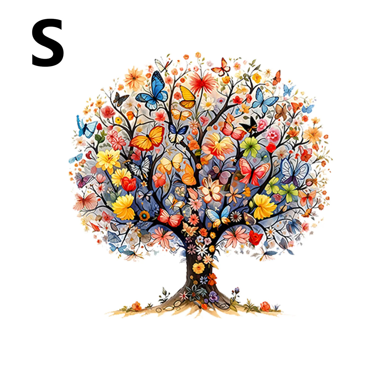A vibrant watercolor illustration of a tree full of colorful, irregular animal-shaped flowers and leaves.