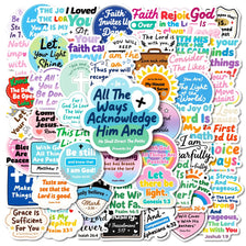 A collection of inspirational Bible verses and phrases in colorful decorative stickers