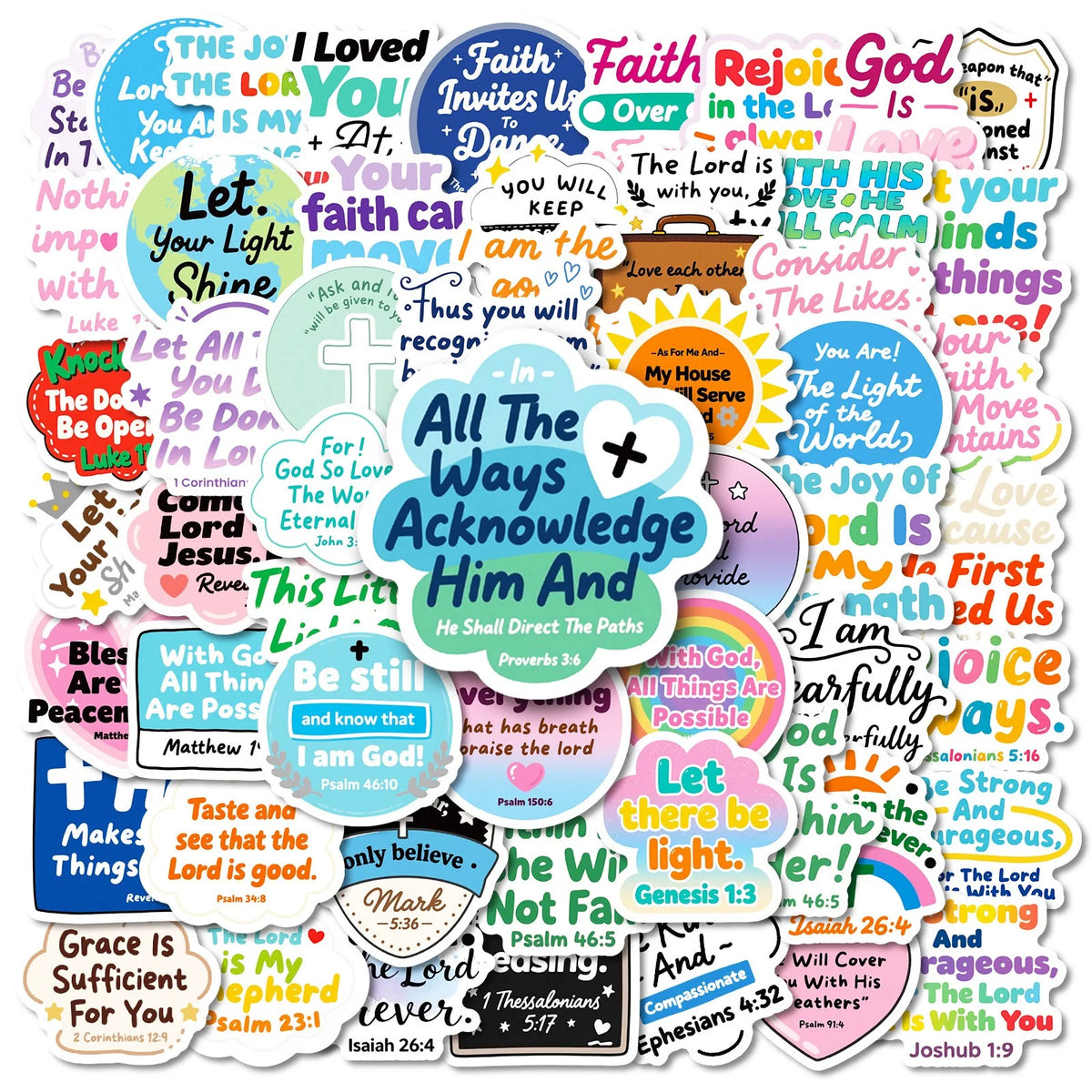 A collection of inspirational Bible verses and phrases in colorful decorative stickers