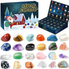 A box of 24-day Christmas countdown gift featuring various colored gemstone and crystal samples.