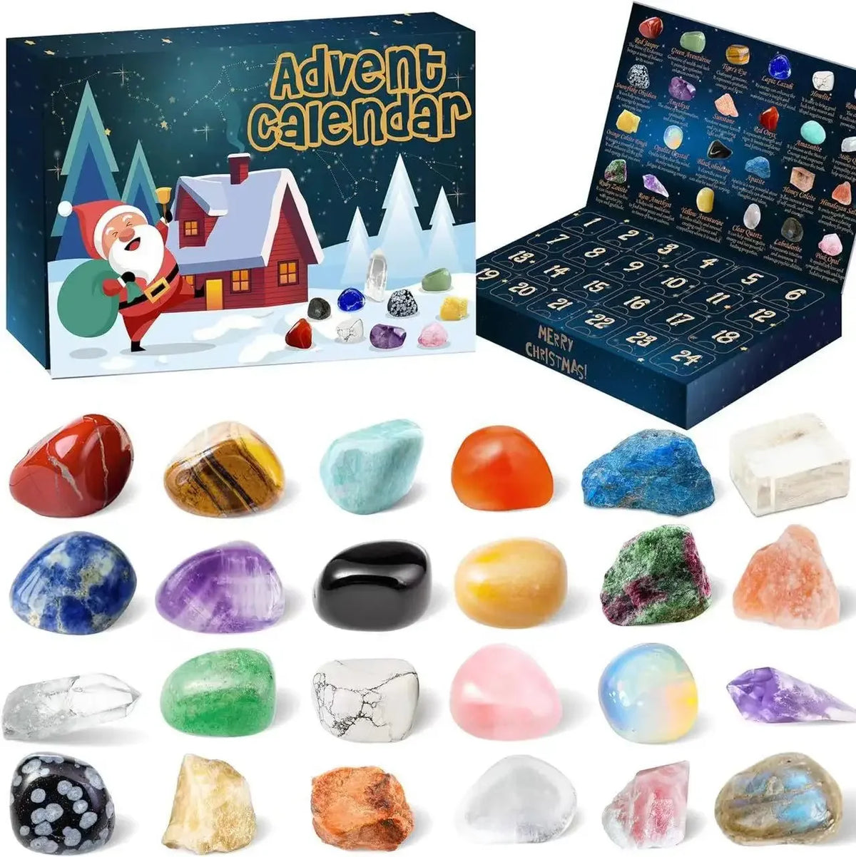 A box of 24-day Christmas countdown gift featuring various colored gemstone and crystal samples.