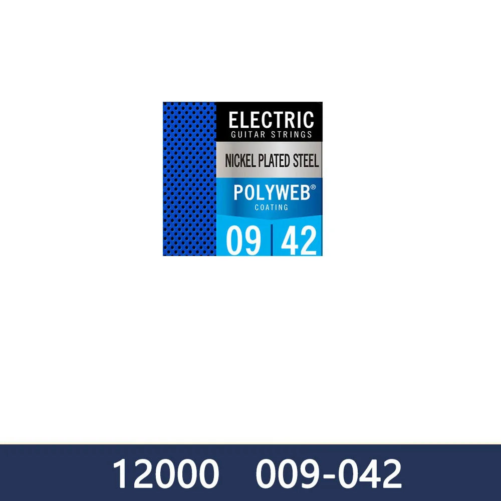 Electric guitar strings labeled as Nickel Plated Steel Polyweb coating with product numbers 0942 and 12000