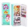 A light blue refrigerator display featuring Mini Brands collectible toys in various compartments.