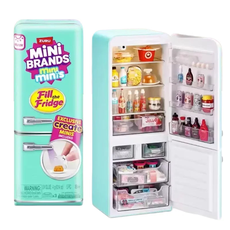 A light blue refrigerator display featuring Mini Brands collectible toys in various compartments.