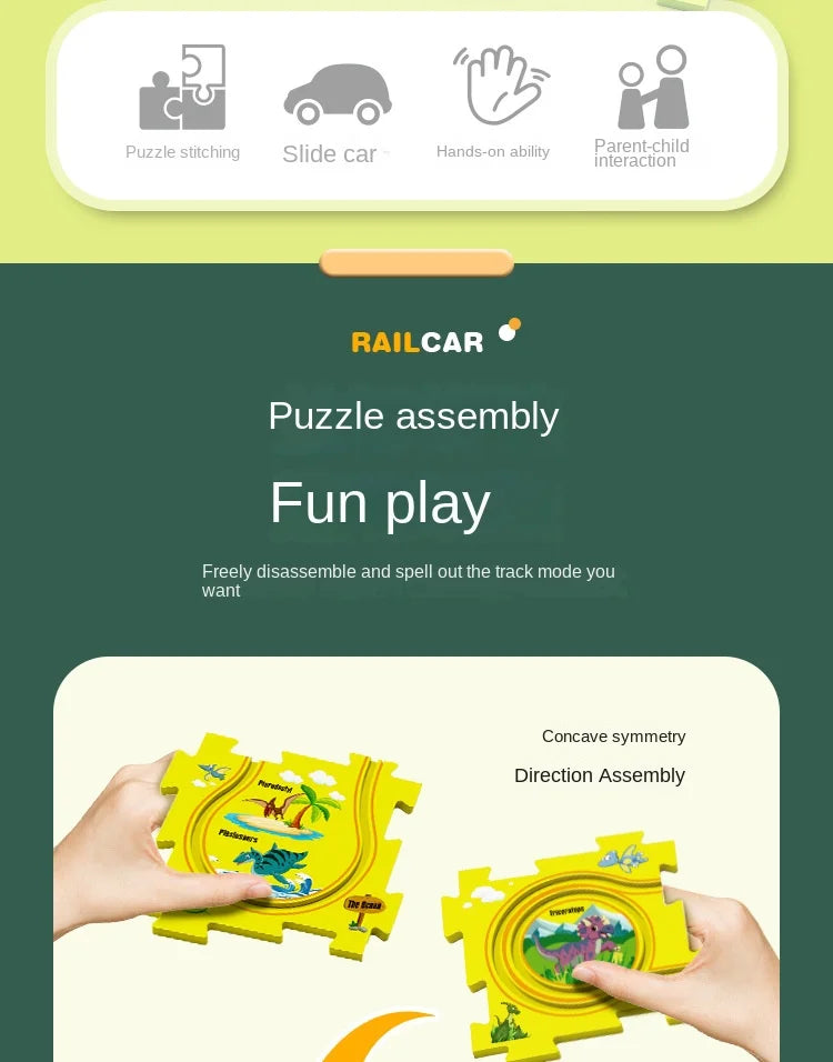 A yellow puzzle assembly kit for a railroad car, demonstrating concave symmetry and direction assembly.