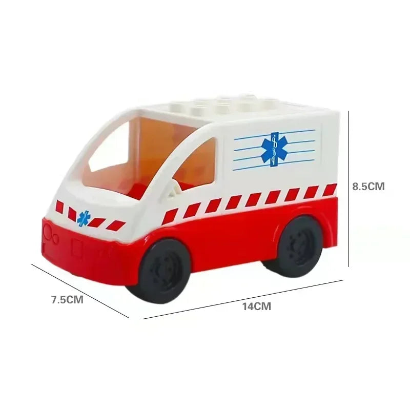 A red and white city traffic vehicle building block set resembling a small truck or bus.