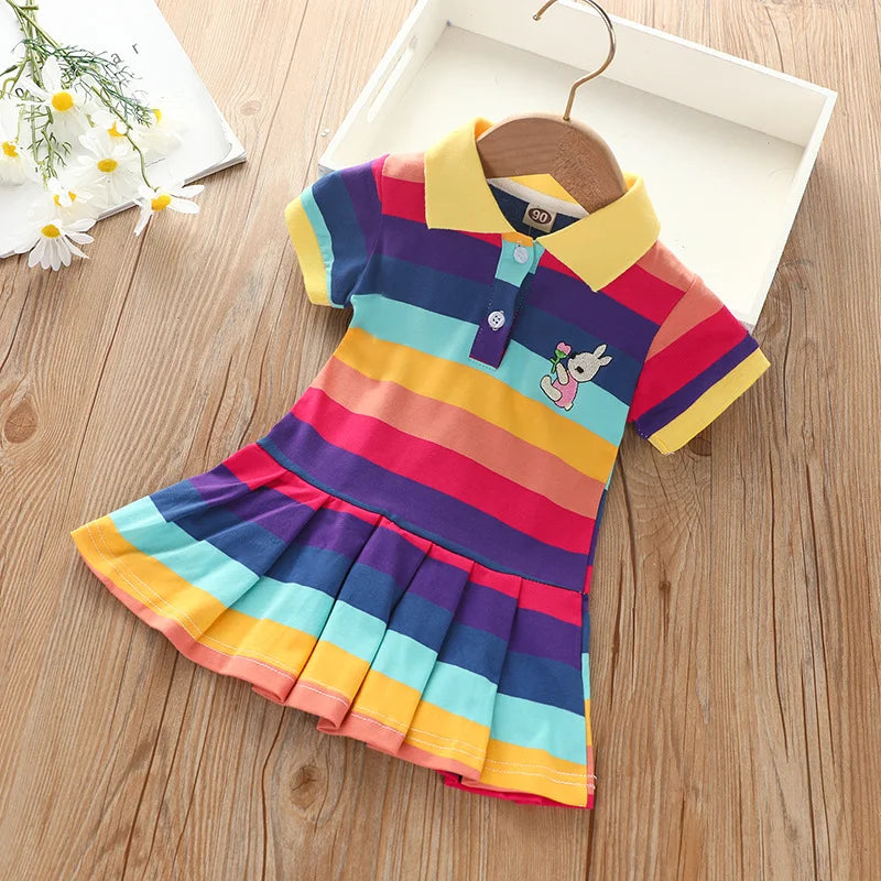 A colorful kids summer dress featuring horizontal rainbow stripes and a rabbit embroidery detail.