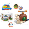A cartoon style snail sprinkler toy with a water outlet and a decorative shell, shown alongside its packaging and components.