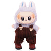 A plush doll resembling a rabbit wearing brown overalls and a light gray hood.