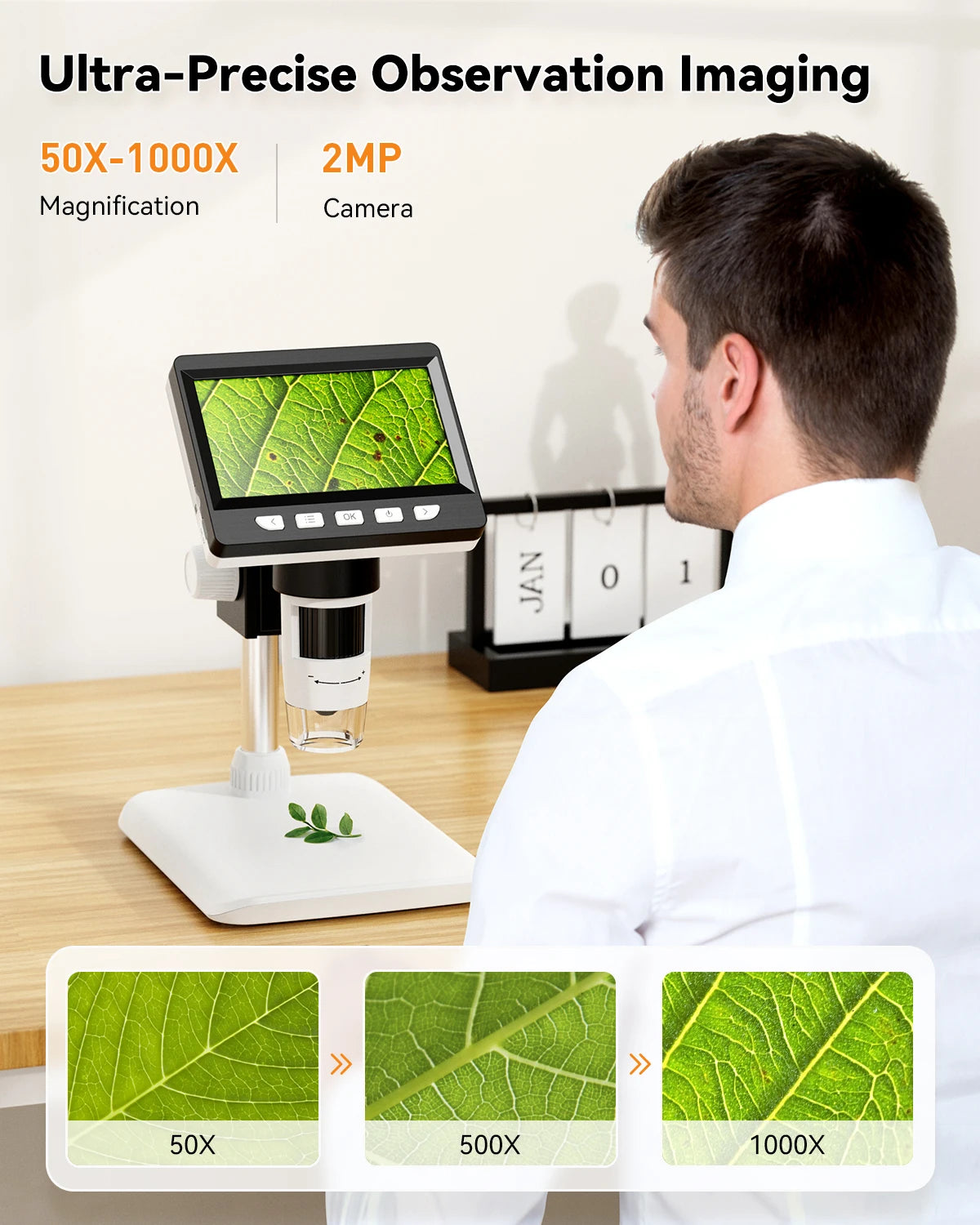 A man is examining a leaf under a portable digital microscope with various magnification levels displayed on the screen.