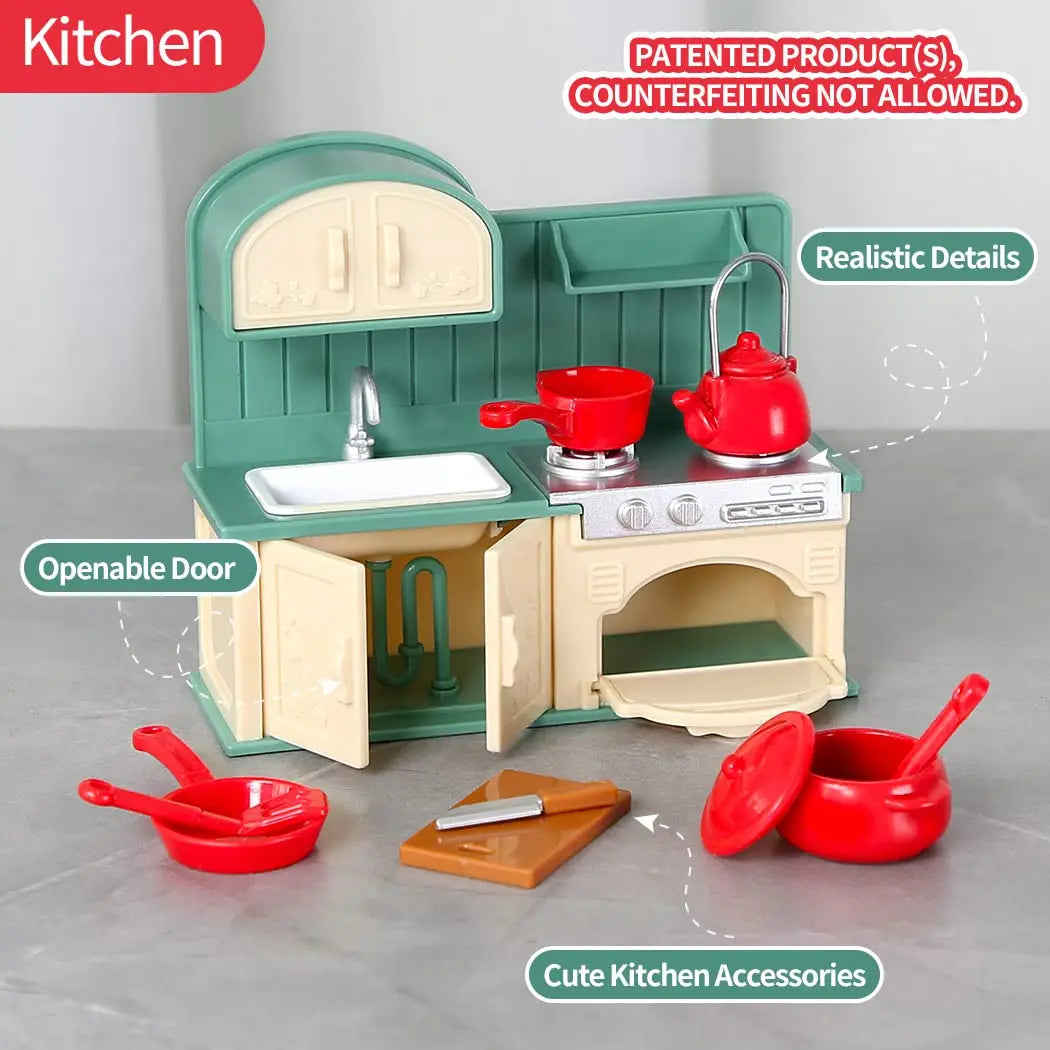 A realistic 1:12 scale dollhouse kitchen set featuring green cabinets, a sink, and red cookware accessories.