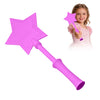 A pink star-shaped magic wand with a handle and a credit card holder is held by a young girl.