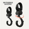 A pair of black 360° flexible rotating stroller hooks for diaper bags and shopping.