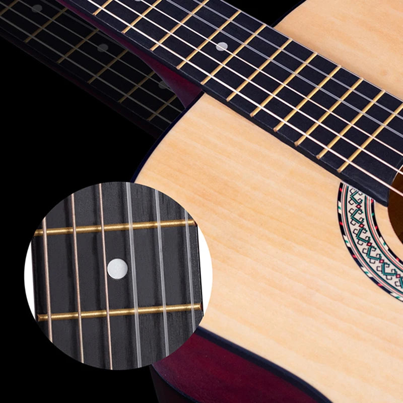 Close-up view of the fretboard and body of a classical guitar for beginners.