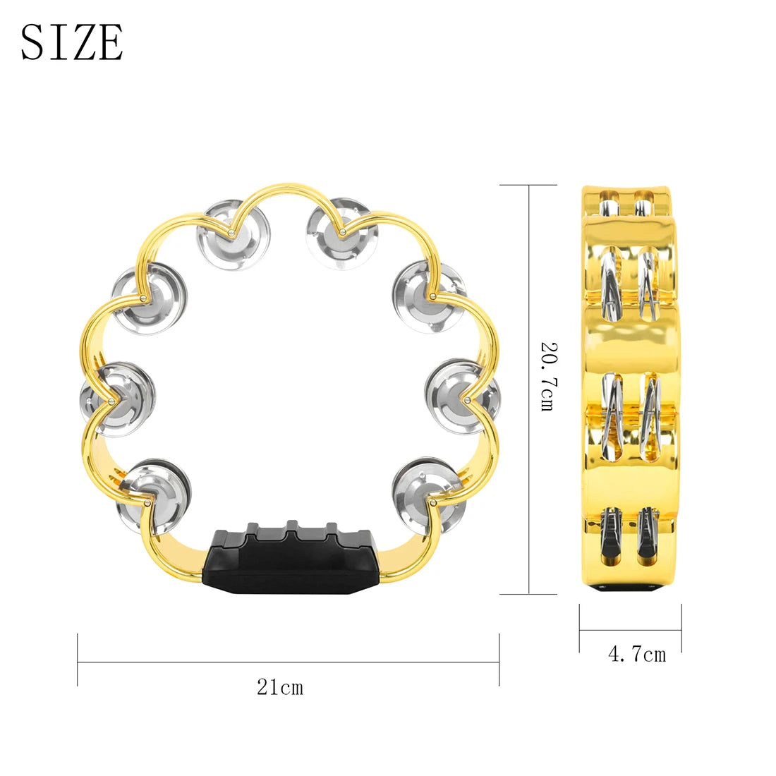 Gold double-layer tambourine with metal bells for kids shown from the top view