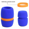 Blue foam microphone windscreen covers with orange accents shown in various shapes and colors
