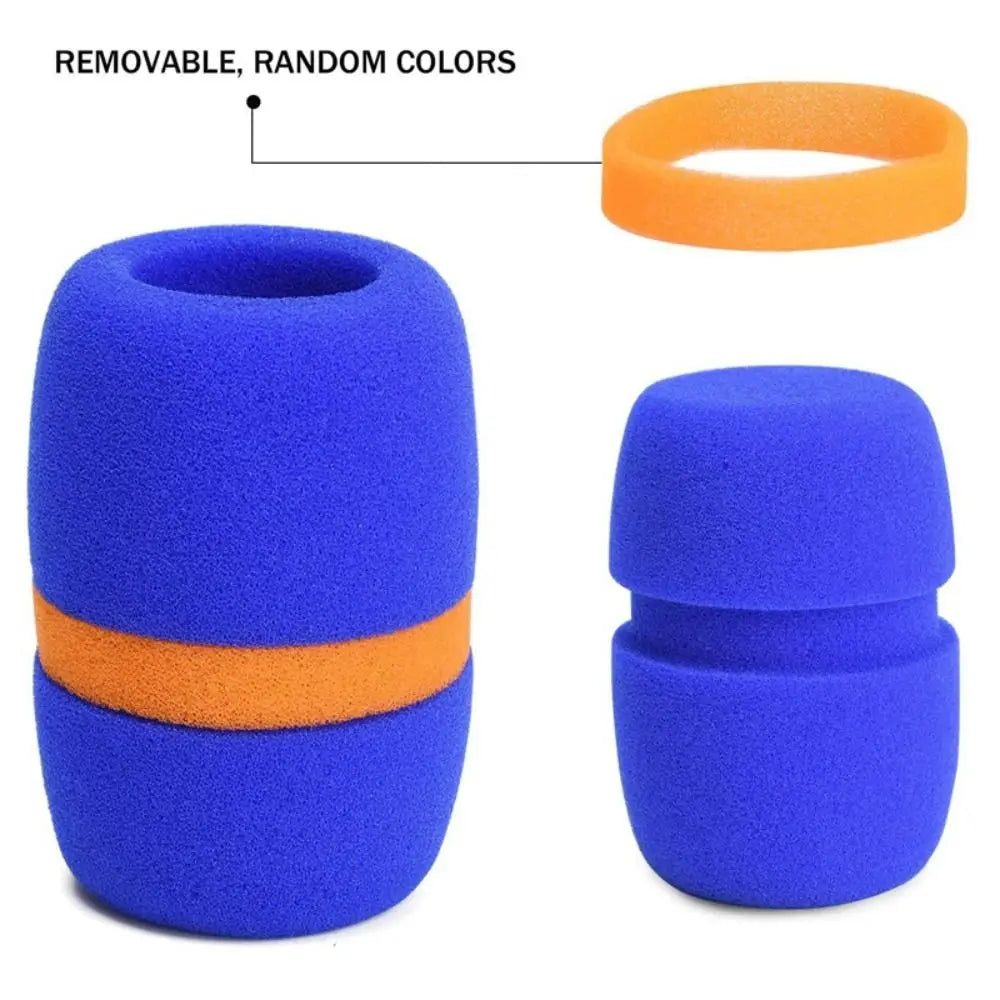 Blue foam microphone windscreen covers with orange accents shown in various shapes and colors