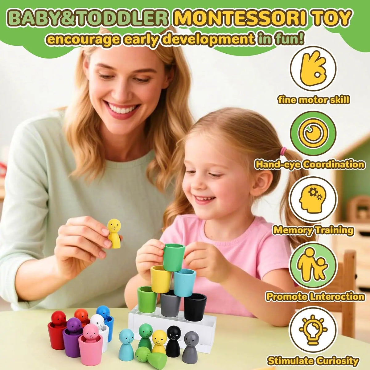 Ein lächelnde Frau demonstriert Montessori Holzsortierspielzeug an ein glückliches Kleinkindchen.
