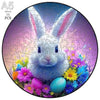 A jigsaw puzzle featuring a white rabbit with pink ears surrounded by colorful flowers on a purple background