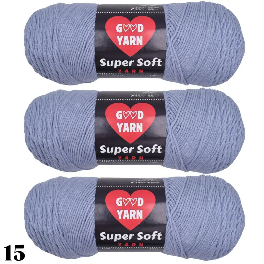 A skein of soft gray Super Soft Yarn is shown rolled up for crochet and knitting projects.