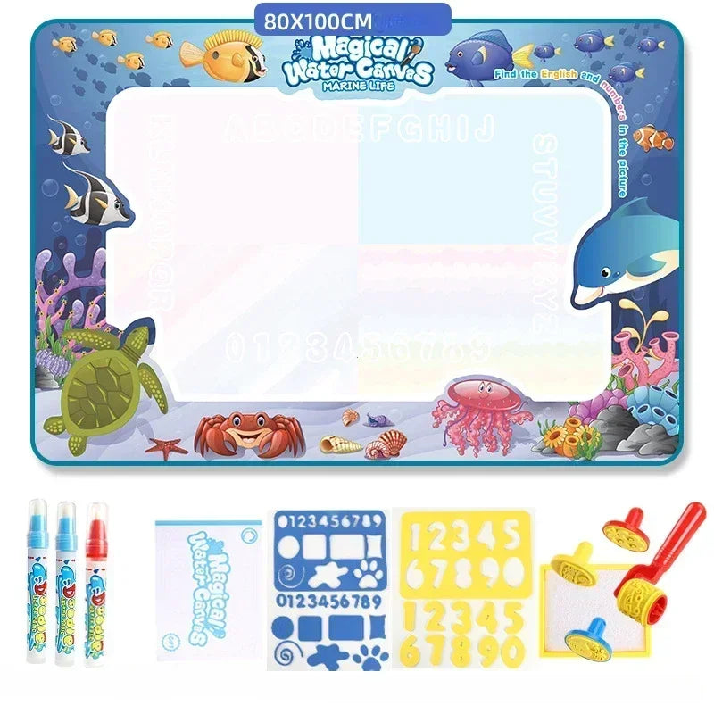 Tapete de dibujo mágico de agua para niños con diversas criaturas marinas y herramientas de arte