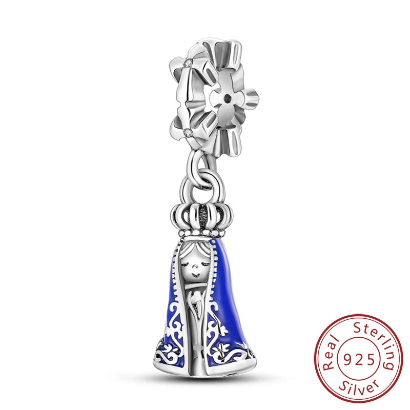 Sterling silver charm beads set featuring cross, angel, and evil eye designs for DIY jewelry making