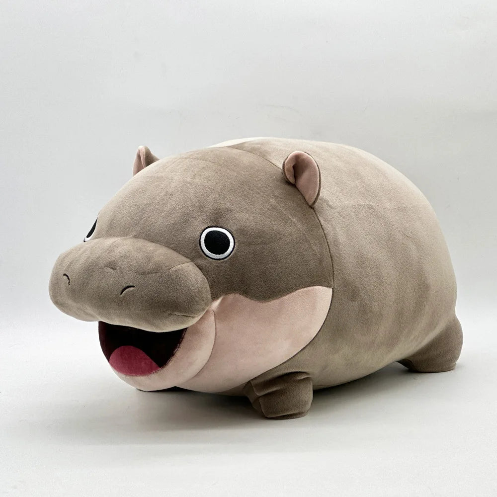 A soft gray Moo Deng Pygmy Hippo plush toy with large eyes and an open mouth.