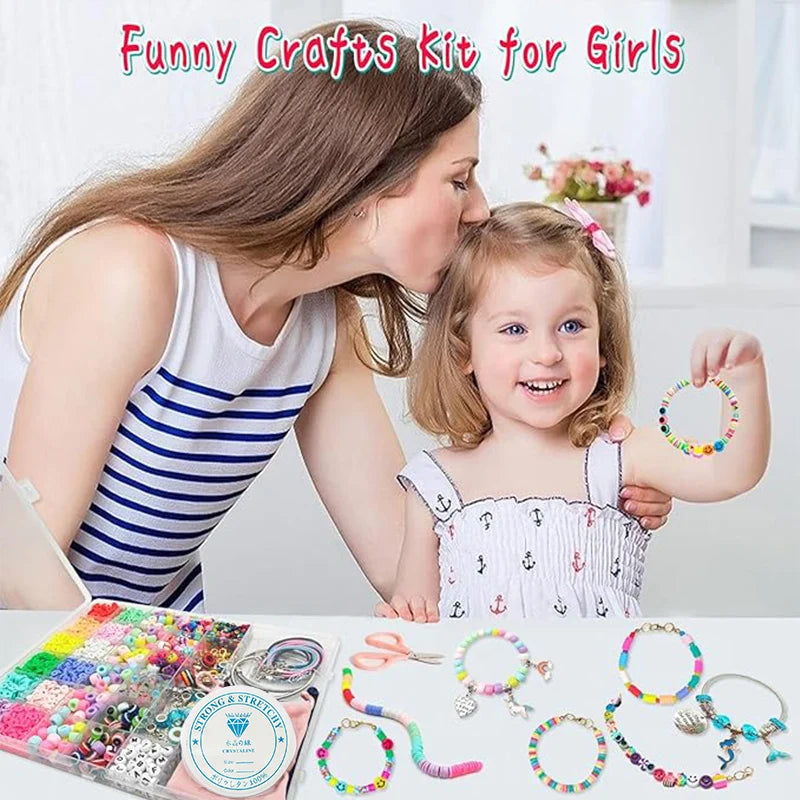 A girl is shown crafting friendship bracelets and jewelry using a colorful beads and charms kit for girls