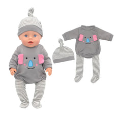 A baby doll outfit set featuring a gray outfit and matching striped pants with a gray knitted hat and elephant accessory.