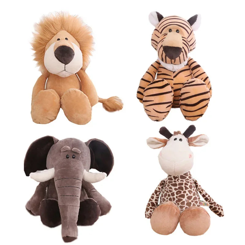 A collection of plush toys featuring a lion, a tiger, an elephant, and a giraffe.