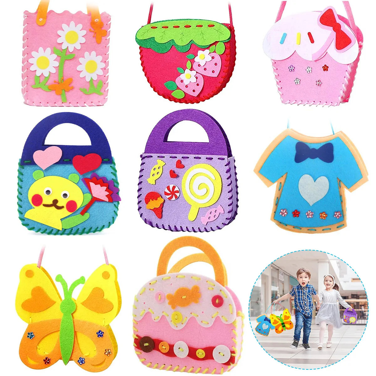 A collection of colorful felt pouches and accessories featuring woodland animals like bears, squirrels, and butterflies for k