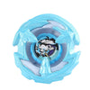A light blue metal spinning top with a clear center and black and white graphic design.