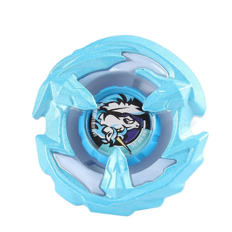 A light blue metal spinning top with a clear center and black and white graphic design.
