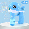 A blue whale bubble gun is shown, ready to blow bubbles, with a note indicating the bubble solution is not included.