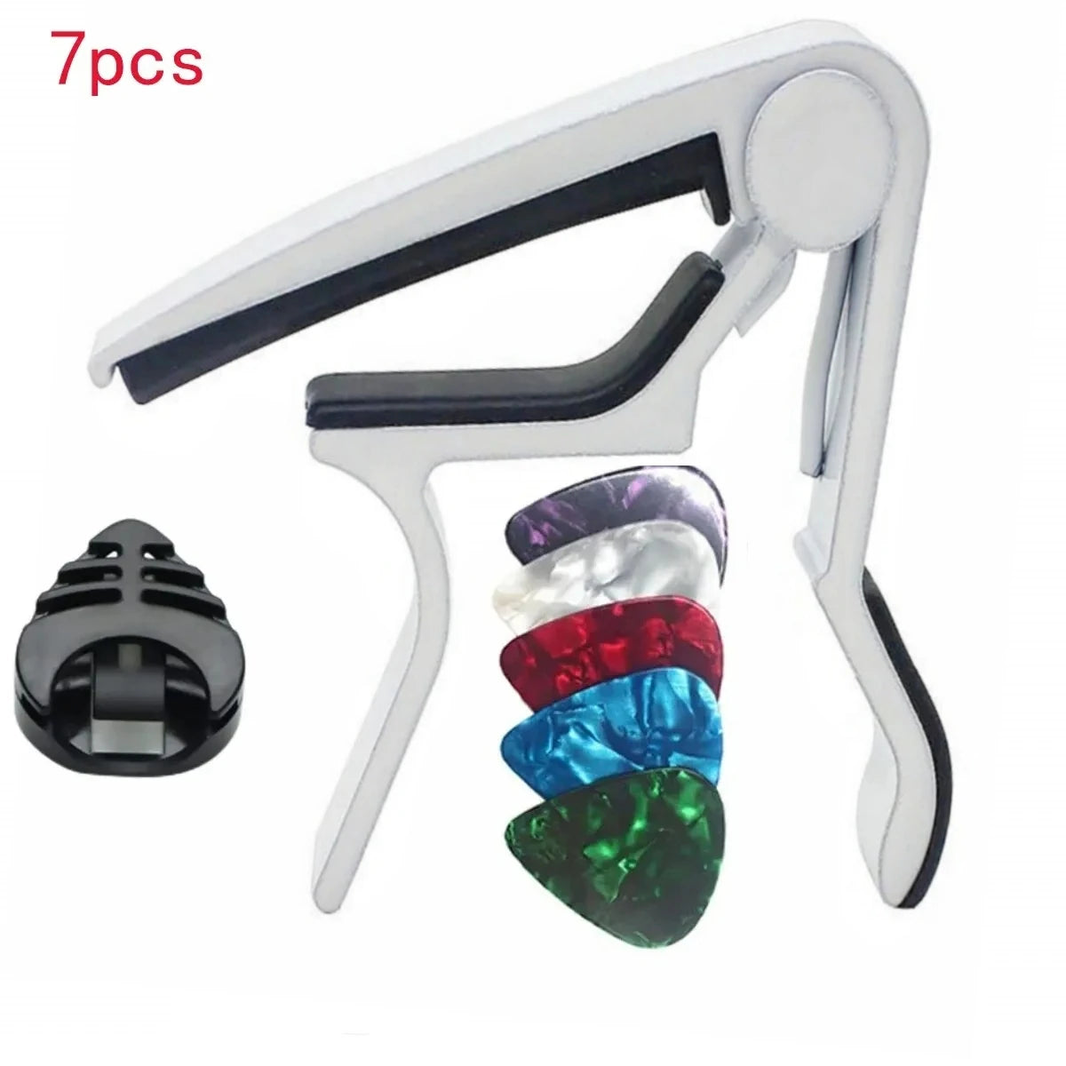A white guitar capo holder with seven pieces including a capo, picks, and a holder.