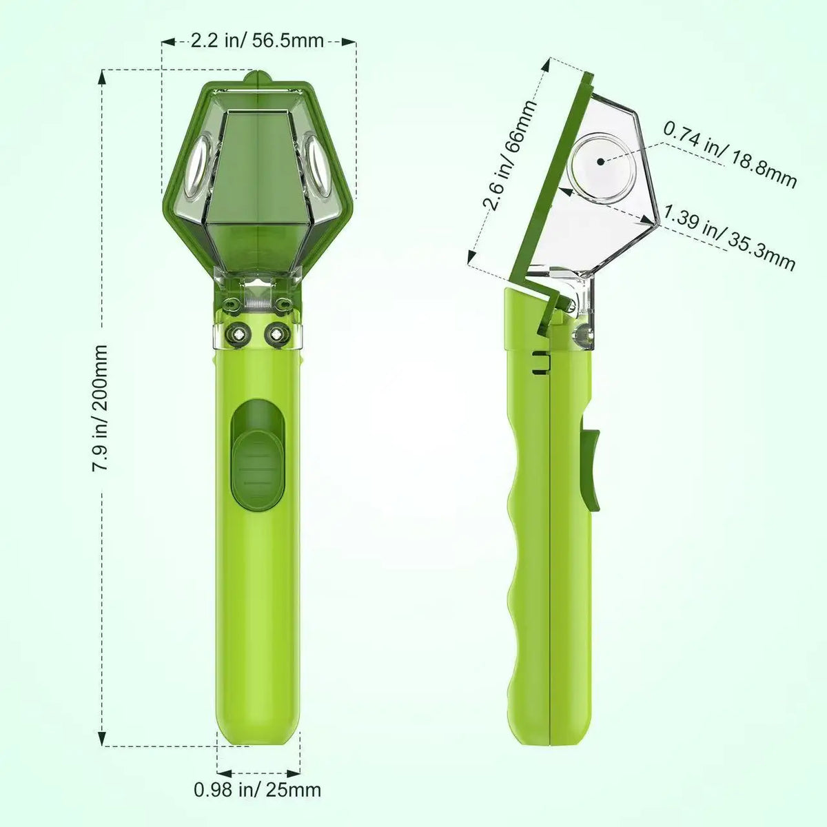 A lime green insect observation magnifier shown in side and top views with dimension lines.