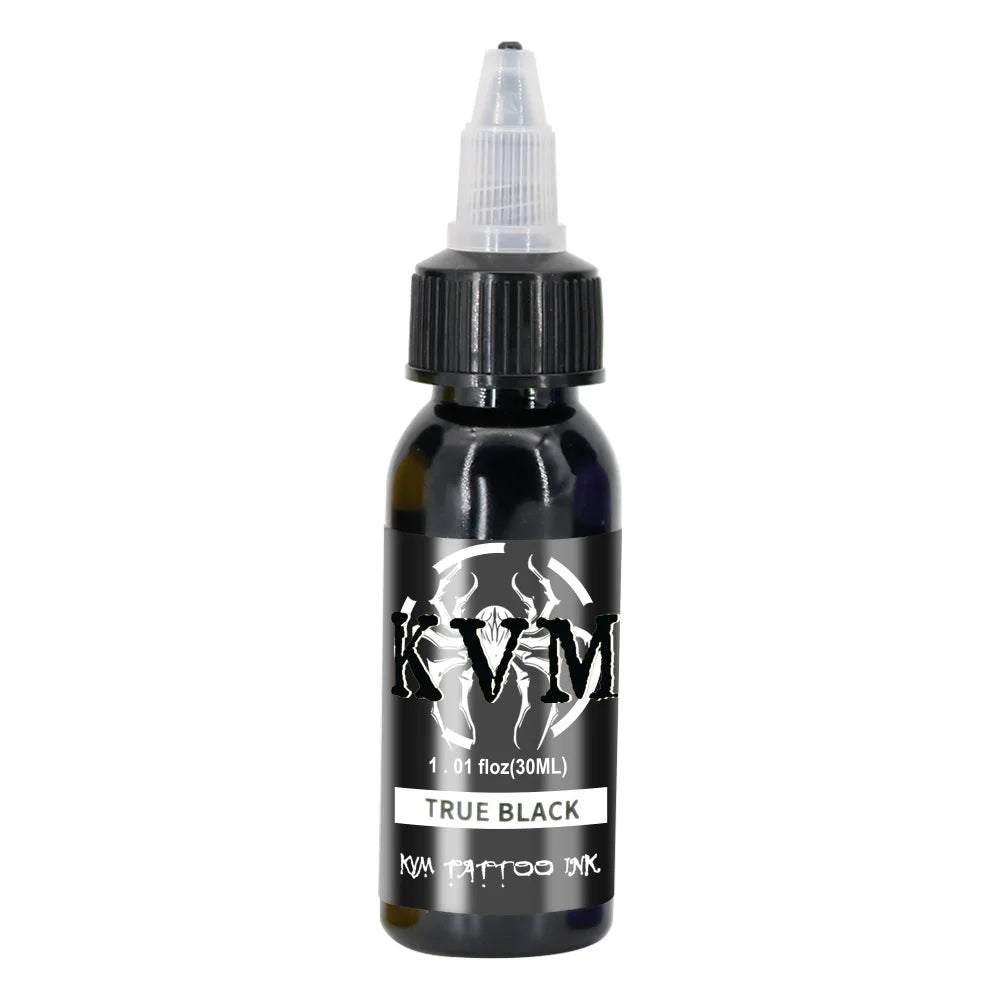 A dark glass dropper bottle of tattoo ink labeled KVM TRUE BLACK