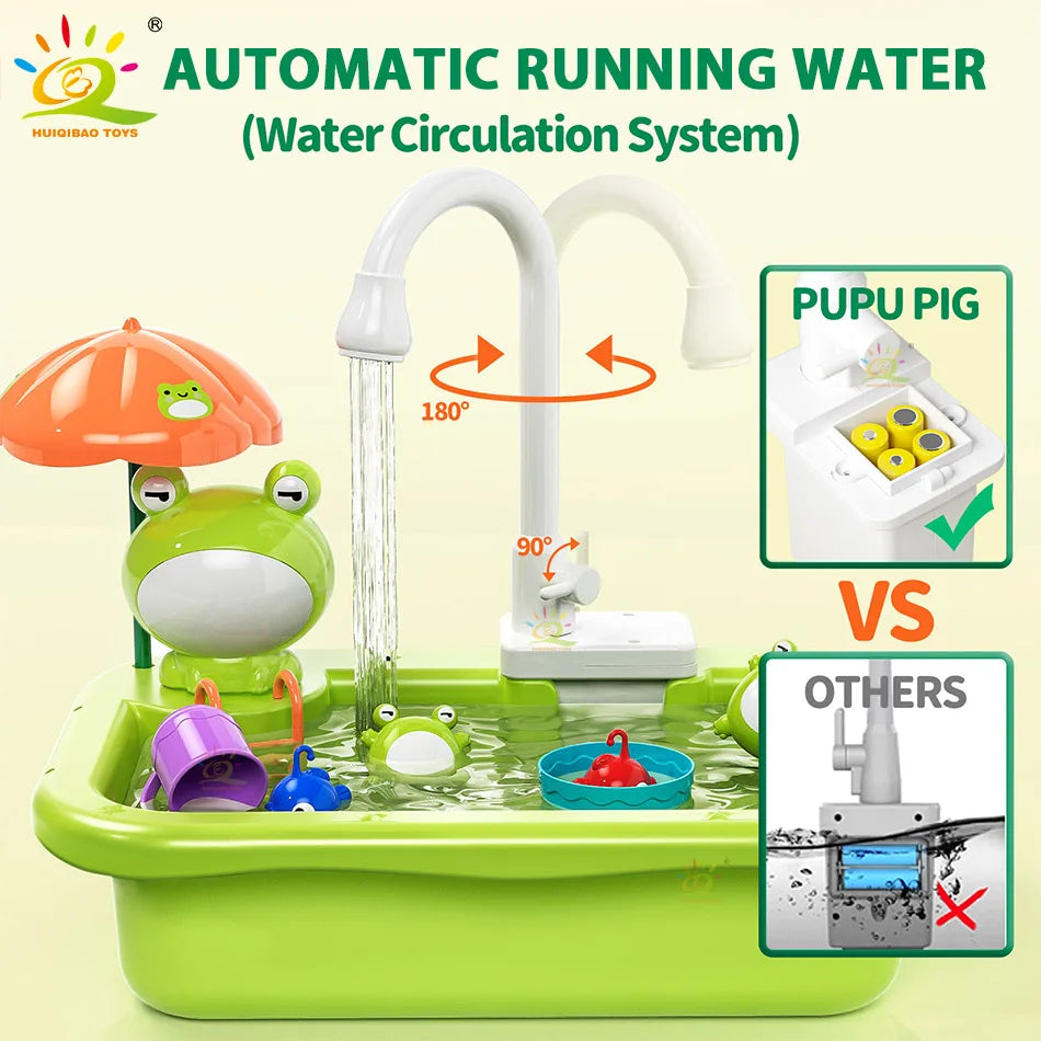 A green electric play sink featuring an automatic running water circulation system for a pig toy.