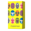 A collection of ten colorful masks displayed in a yellow box for a strategy board game.